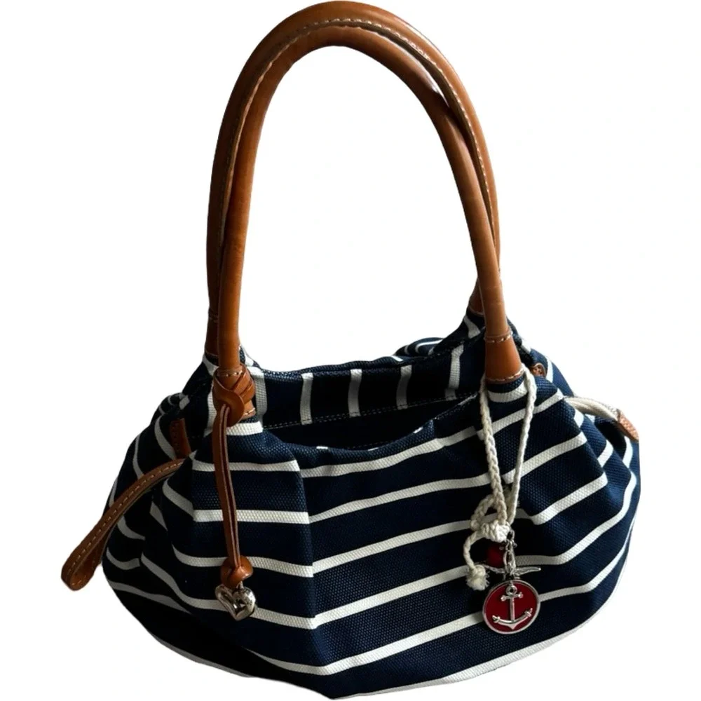 Brighton Brewster Nautical Stripe Shoulder Bag Anchor Charm Blue White & Charms